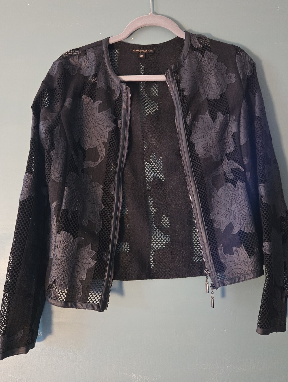 Albert Mokali Black Netting Faux Leather Rose Moto Jacket XS